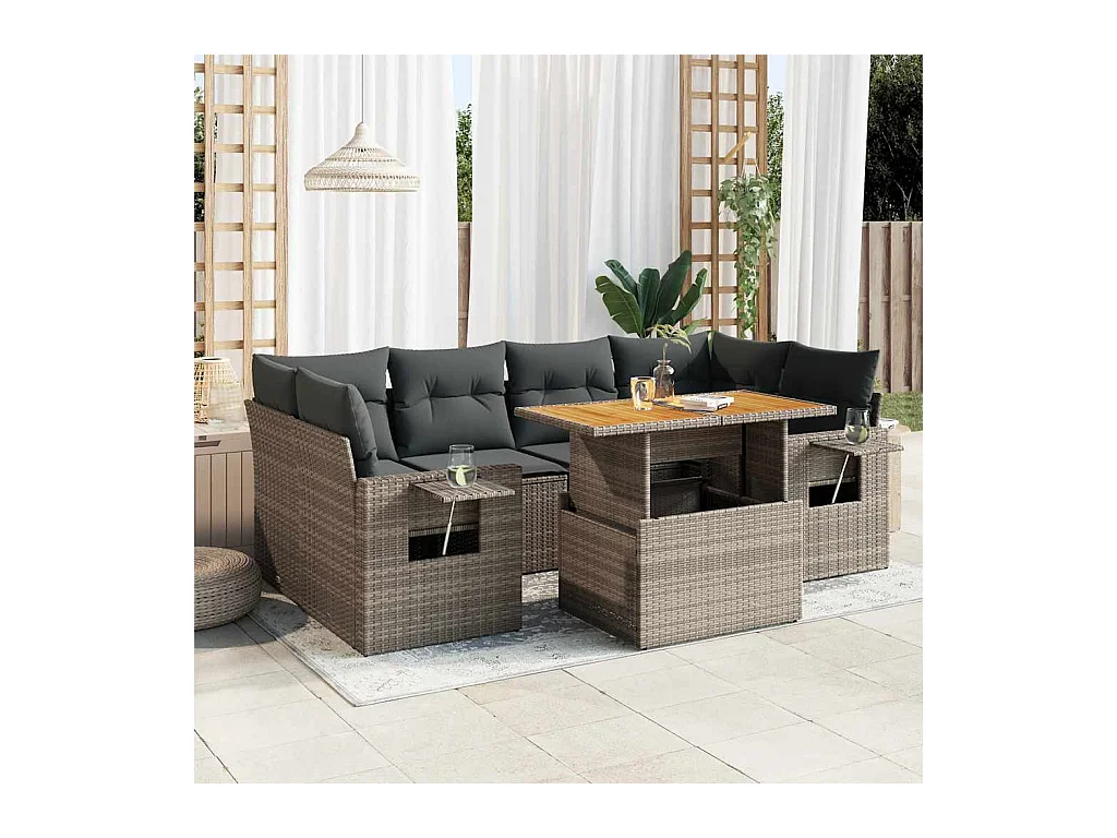 Salon de jardin avec coussins 7 pcs gris résine tressée