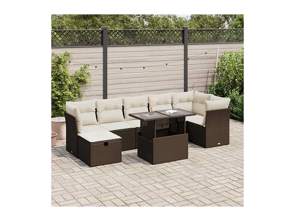 Salon de jardin 8 pcs avec coussins marron résine tressée