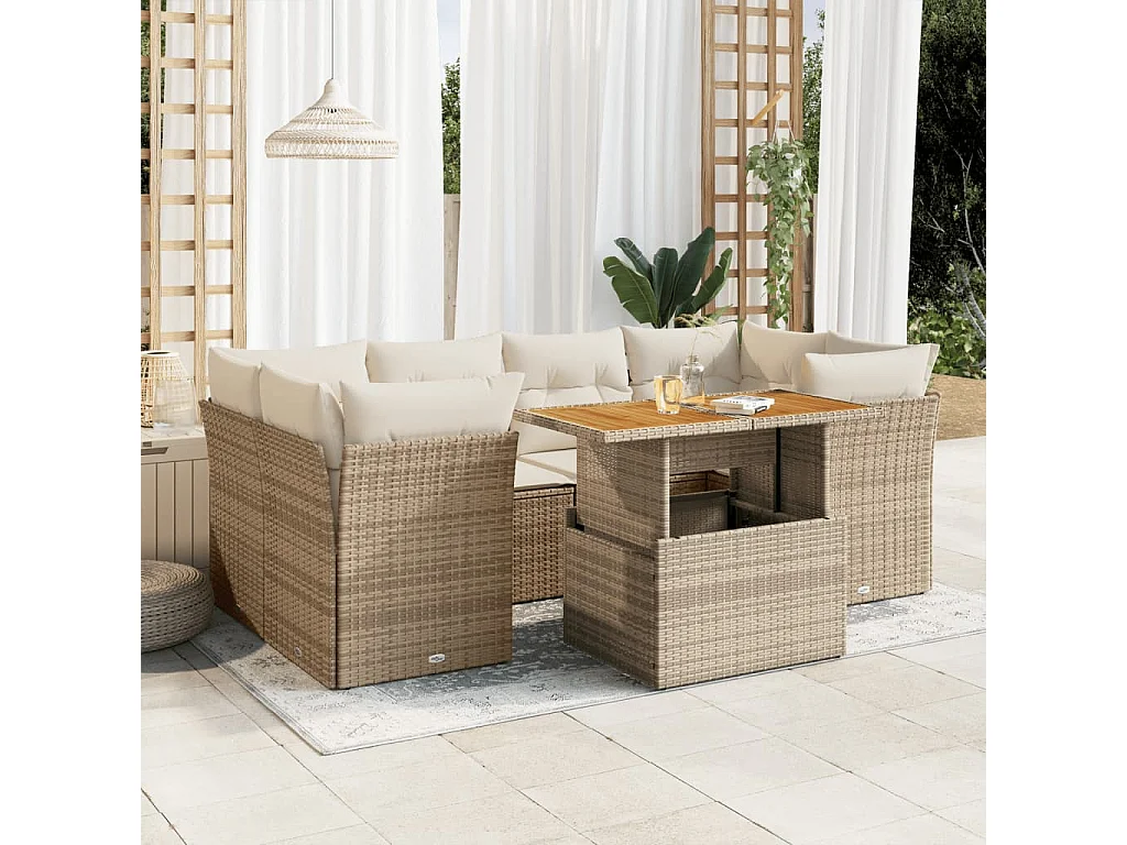 Gartenmöbel-Set mit Kissen 7-tlg. beige gewebtes Harz