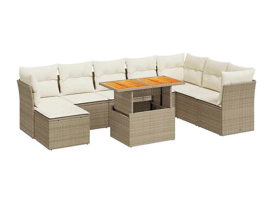 Salon de jardin avec coussins 9 pcs beige résine tressée