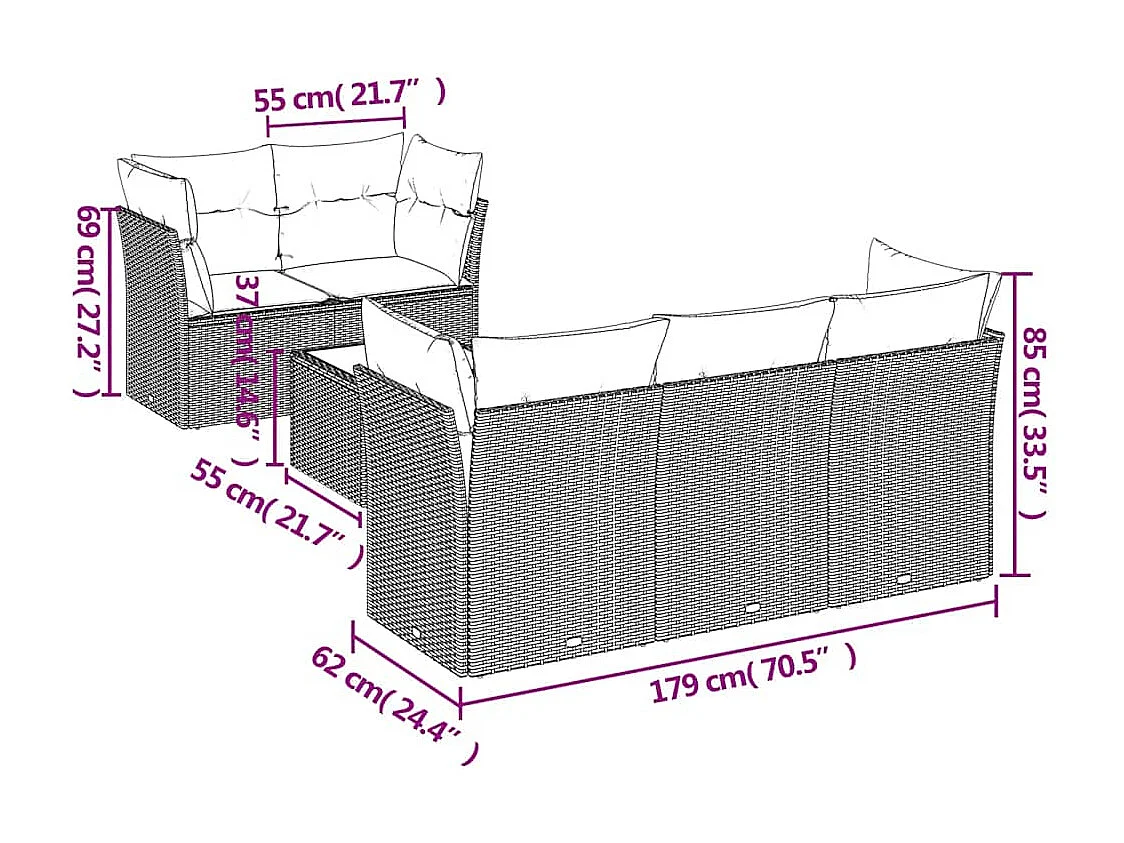 Salon de jardin 6 pcs avec coussins noir résine tressée