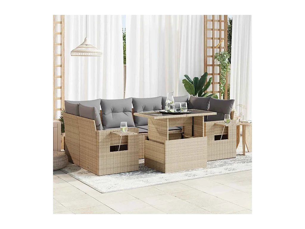 Salon de jardin avec coussins 7 pcs beige résine tressée