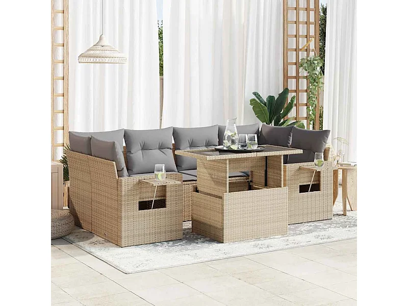 Salon de jardin avec coussins 7 pcs beige résine tressée