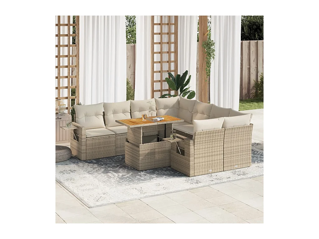 Salon de jardin avec coussins 9 pcs beige résine tressée