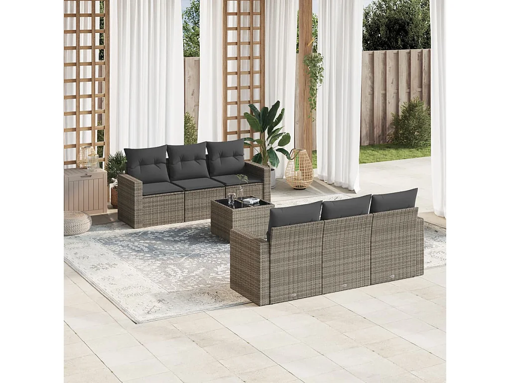 Salon de jardin avec coussins 7 pcs gris résine tressée