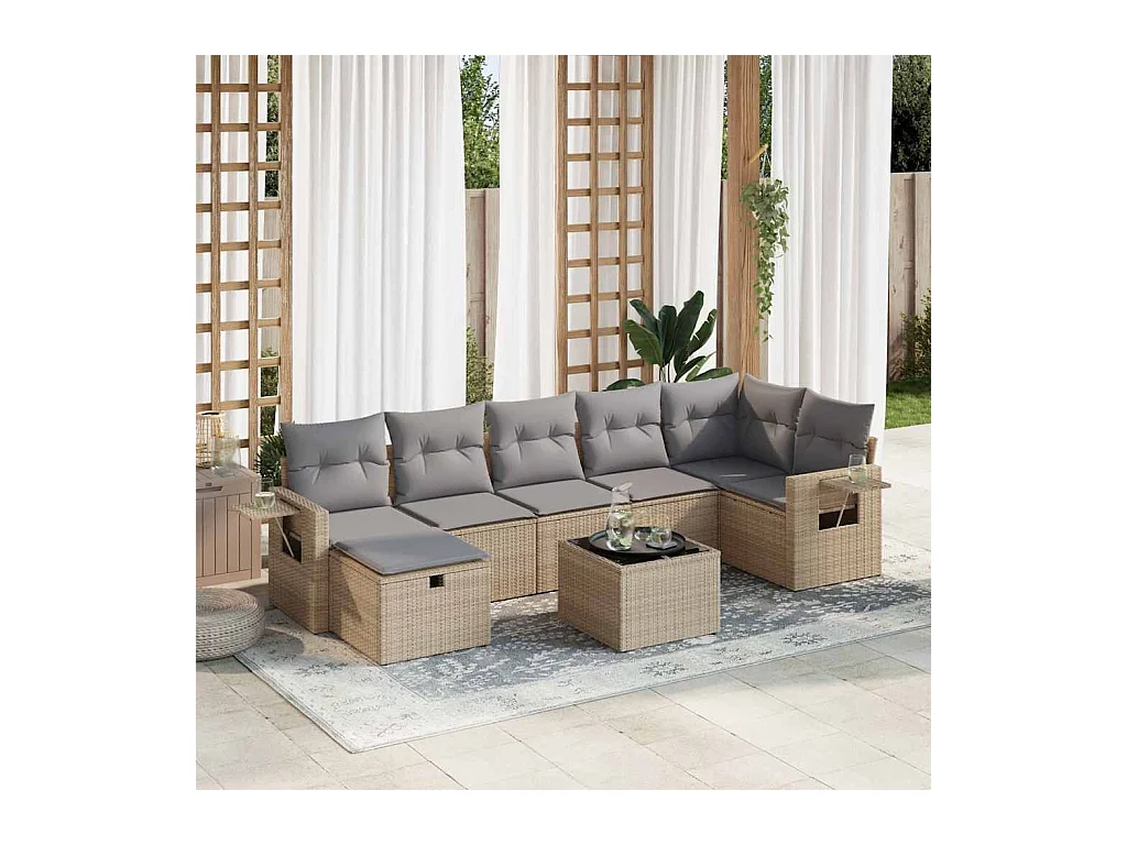 Salon de jardin avec coussins 8 pcs beige résine tressée