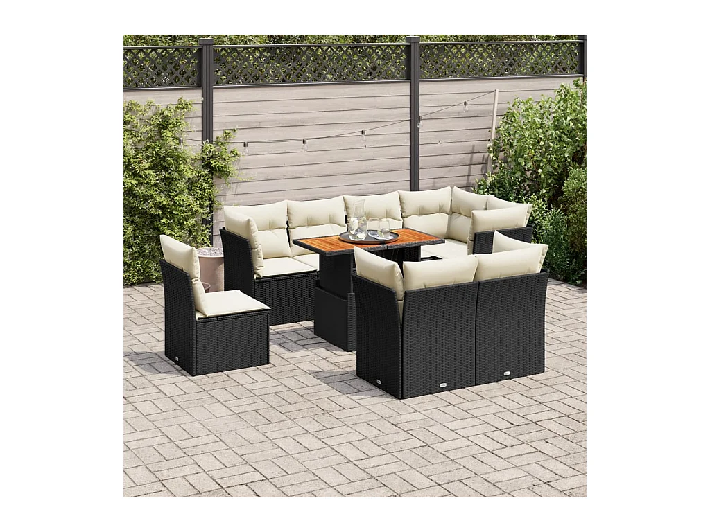 Conjunto de móveis de jardim de 9 peças com almofadas pretas em resina trançada