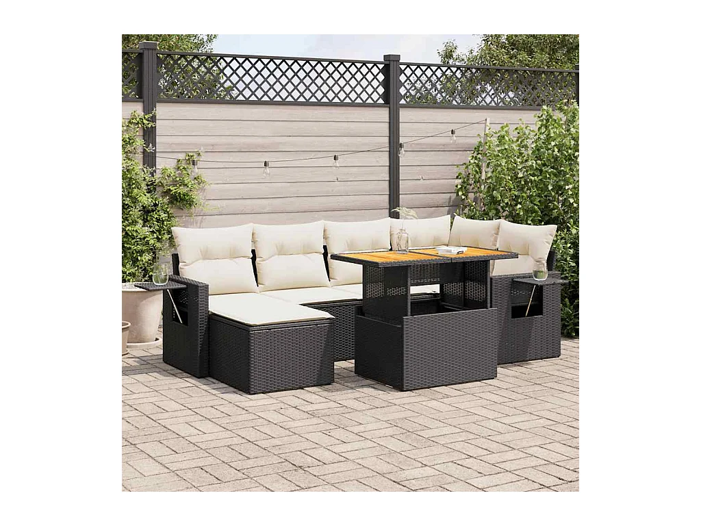 Salon de jardin 7 pcs avec coussins noir résine tressée