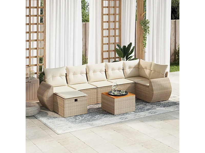 Set mobili da giardino con cuscini 8 pezzi in resina intrecciata beige