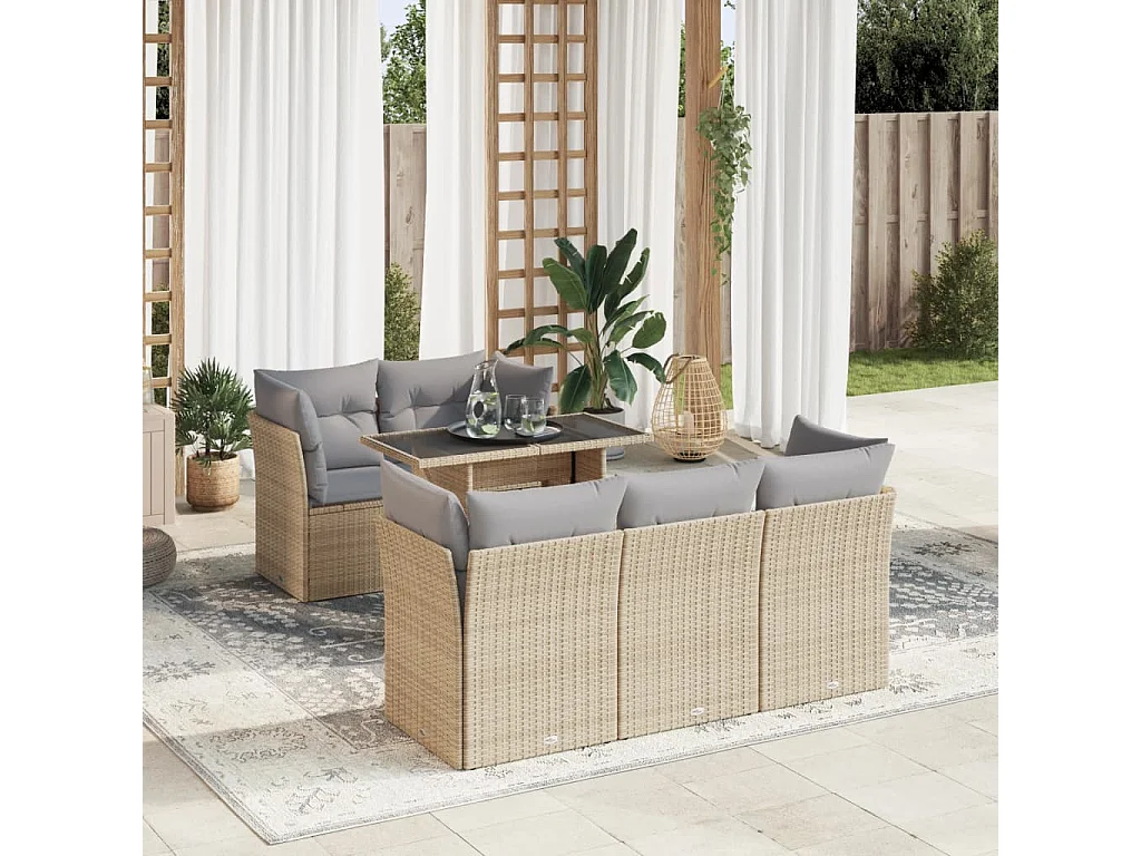 Salon de jardin avec coussins 6 pcs beige résine tressée