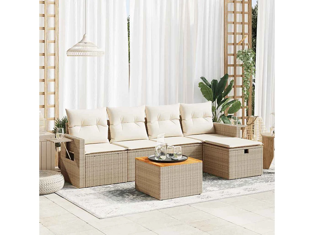 Conjunto de muebles de jardín con cojines 6 piezas resina tejida beige