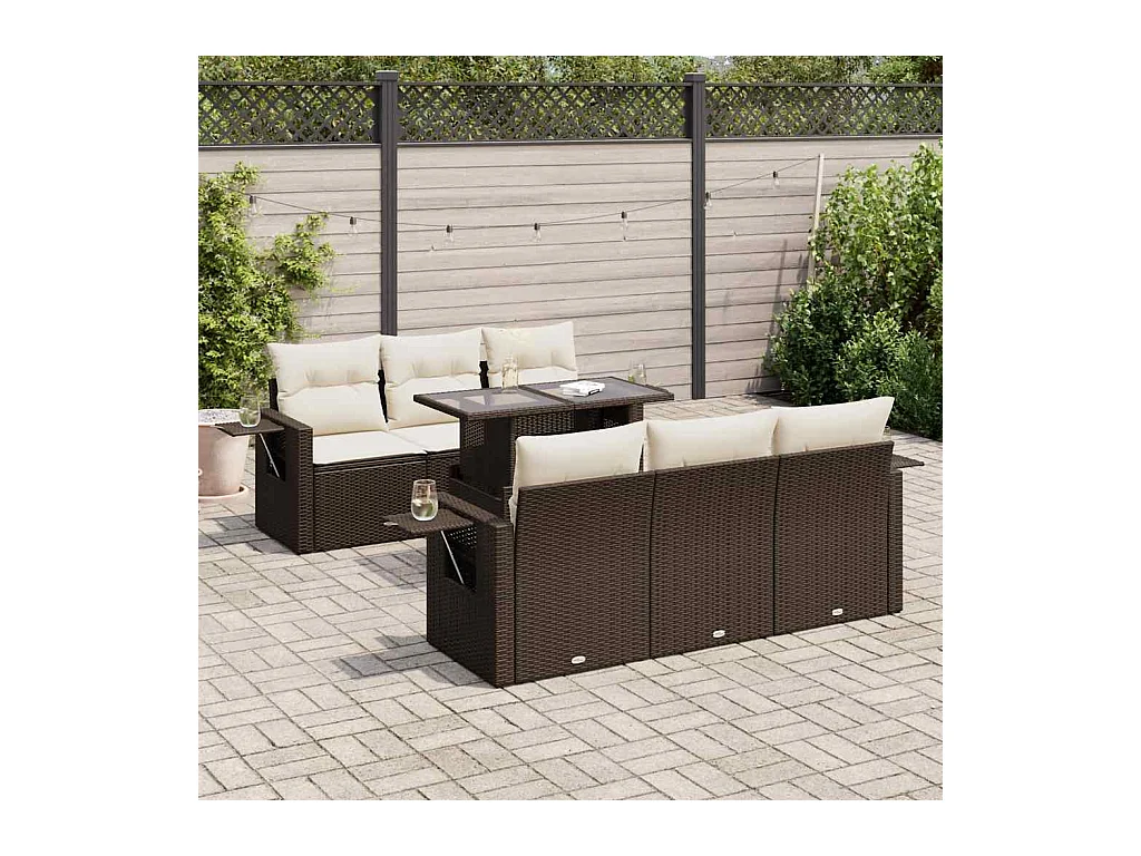 Salon de jardin avec coussins 7 pcs marron résine tressée
