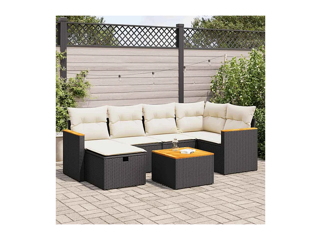 Set di mobili da giardino 7 pezzi con cuscini neri in resina intrecciata