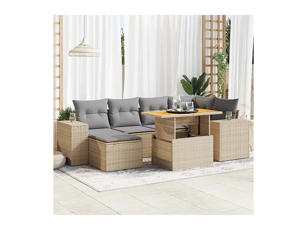 Salon de jardin avec coussins 7 pcs beige résine tressée
