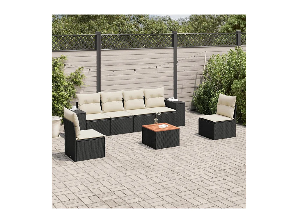 Salon de jardin 7 pcs avec coussins noir résine tressée