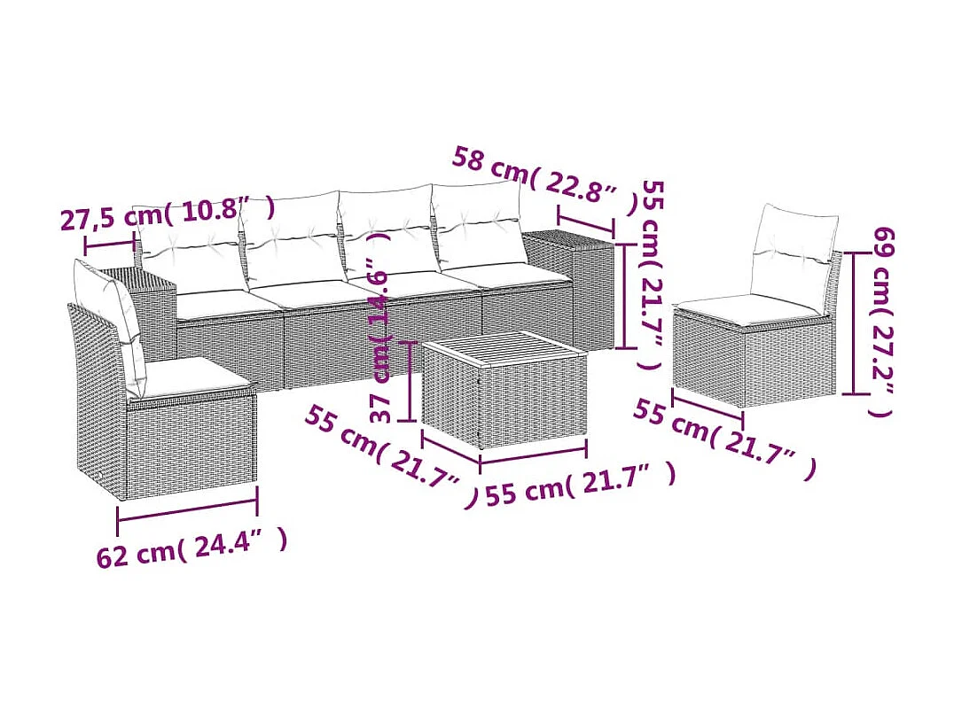 Salon de jardin 7 pcs avec coussins noir résine tressée