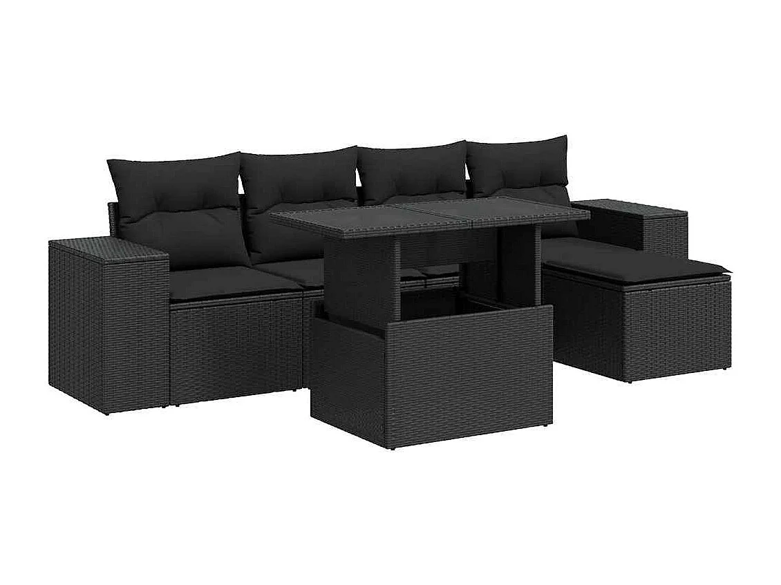 Salon de jardin 6 pcs avec coussins noir résine tressée