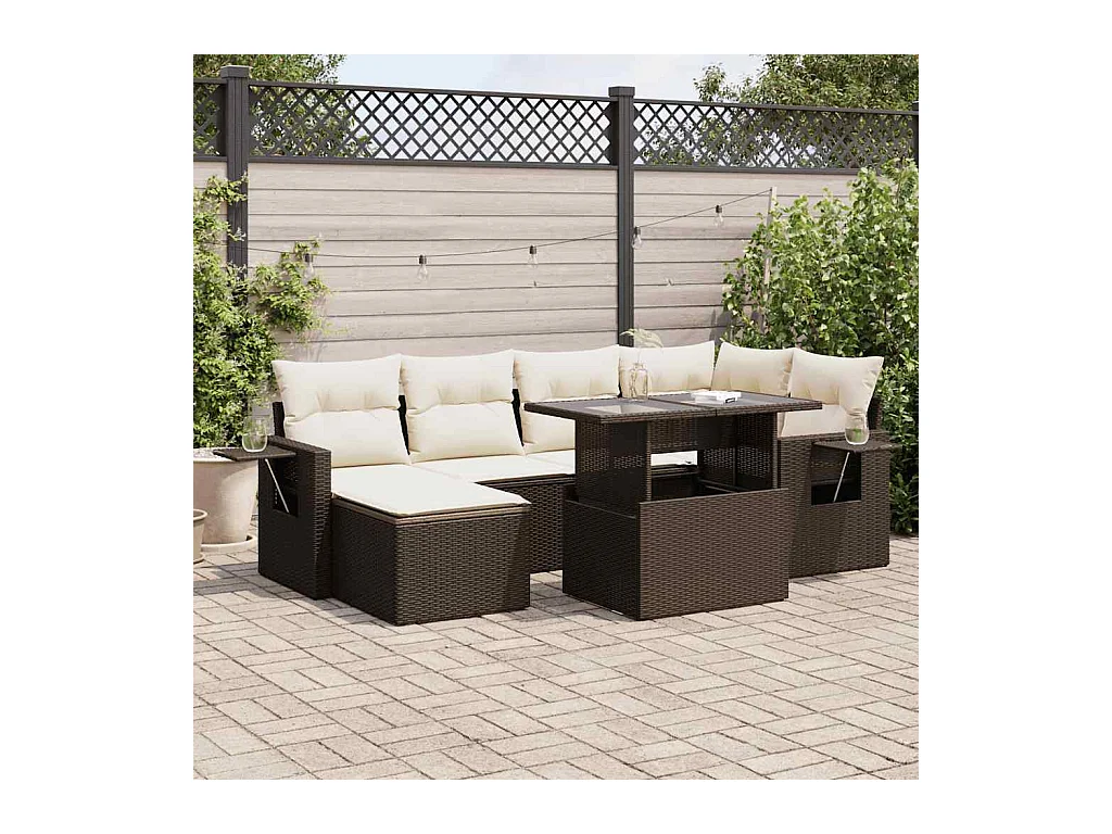 Salon de jardin avec coussins 7 pcs marron résine tressée