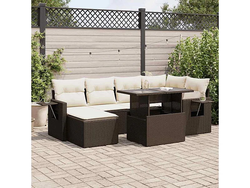 Salon de jardin avec coussins 7 pcs marron résine tressée