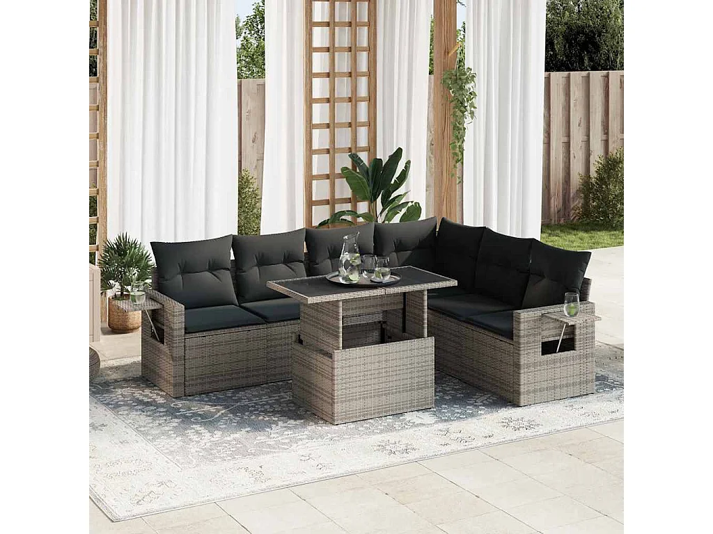 Salon de jardin avec coussins 7 pcs gris résine tressée