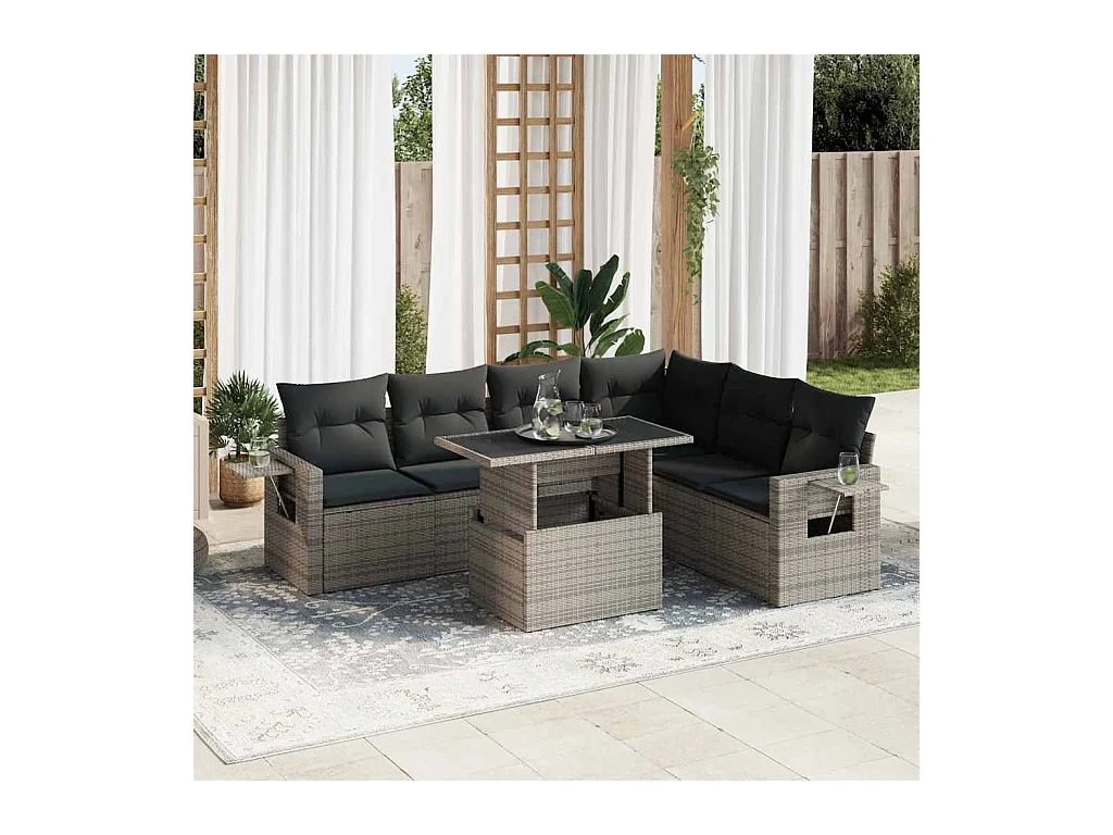 Set mobili da giardino con cuscini 7 pezzi in resina intrecciata grigia