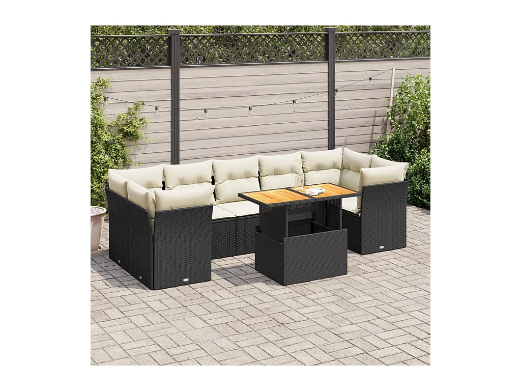 Salon de jardin 8 pcs avec coussins noir résine tressée