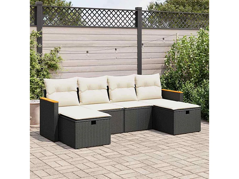 Salon de jardin 6 pcs avec coussins noir résine tressée