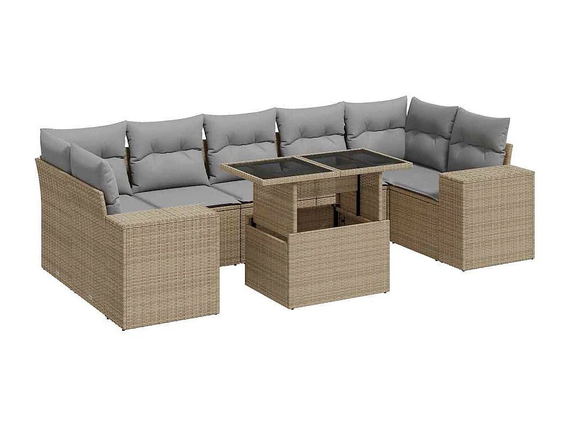 Salon de jardin avec coussins 8 pcs beige résine tressée
