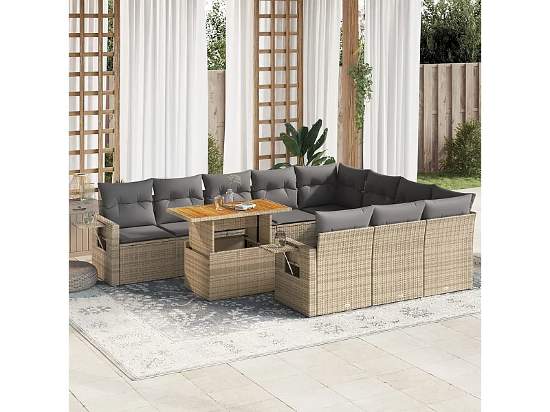 Salon de jardin 11 pcs avec coussins beige résine tressée