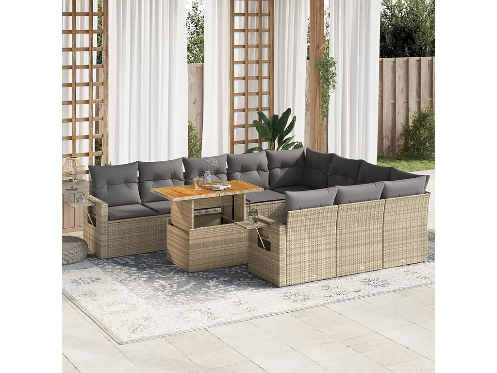 Salon de jardin 11 pcs avec coussins beige résine tressée