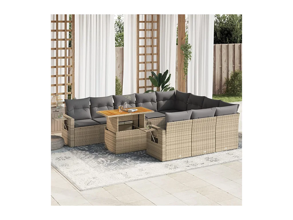 Salon de jardin 11 pcs avec coussins beige résine tressée