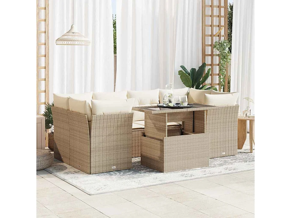 Salon de jardin avec coussins 7 pcs beige résine tressée