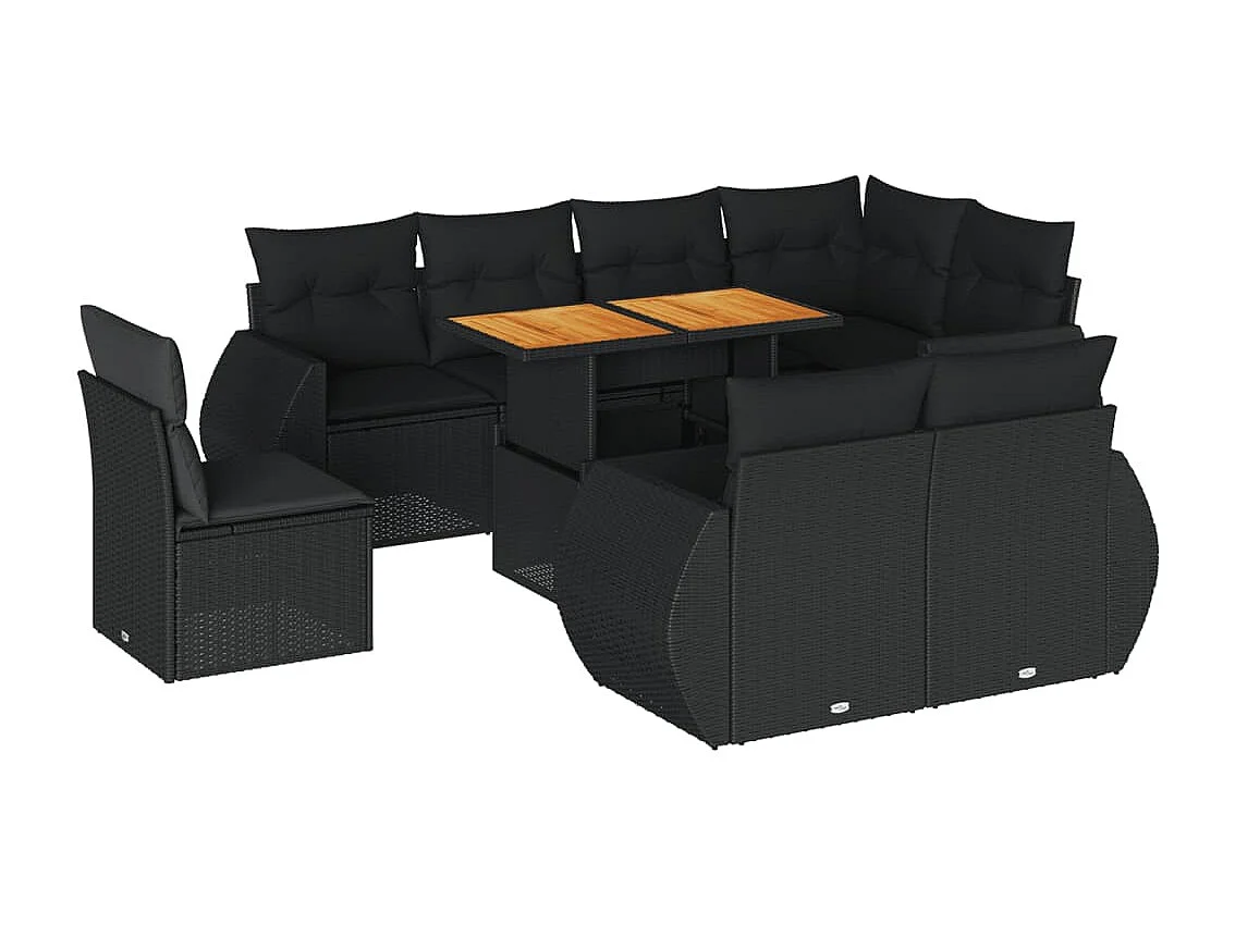 Salon de jardin 9 pcs avec coussins noir résine tressée