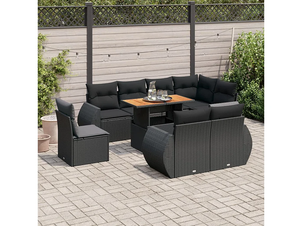 Set di mobili da giardino da 9 pezzi con cuscini neri in resina intrecciata