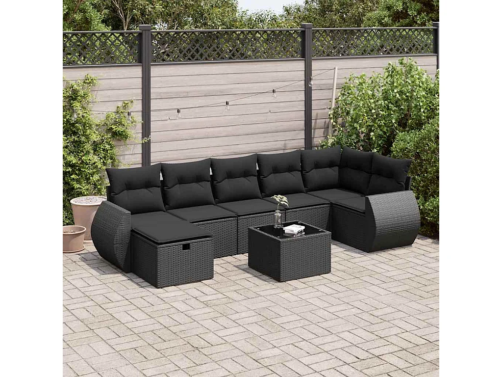 Set di mobili da giardino da 8 pezzi con cuscini neri in resina intrecciata