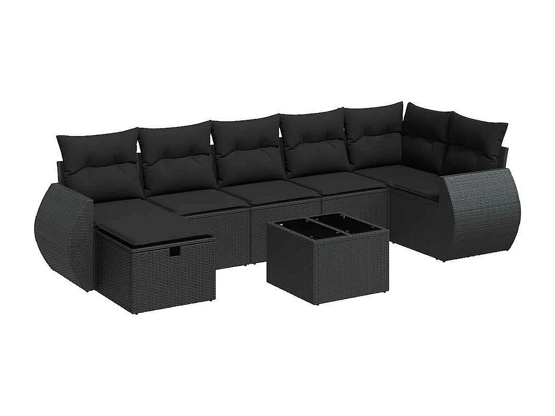 Set di mobili da giardino da 8 pezzi con cuscini neri in resina intrecciata