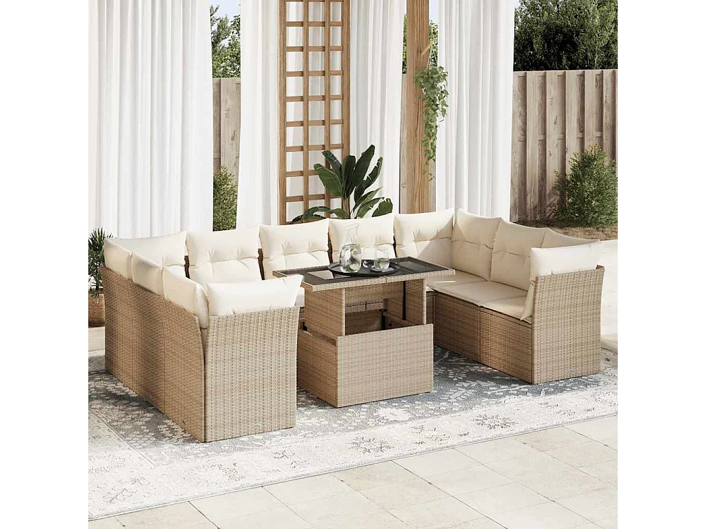 Gartenmöbel-Set mit Kissen 10-tlg. beige gewebtes Harz