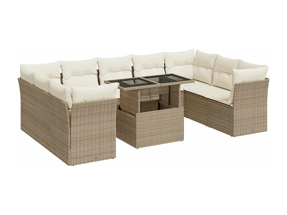 Gartenmöbel-Set mit Kissen 10-tlg. beige gewebtes Harz