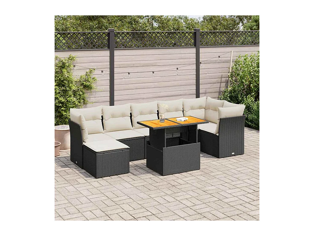 Salon de jardin 8 pcs avec coussins noir résine tressée