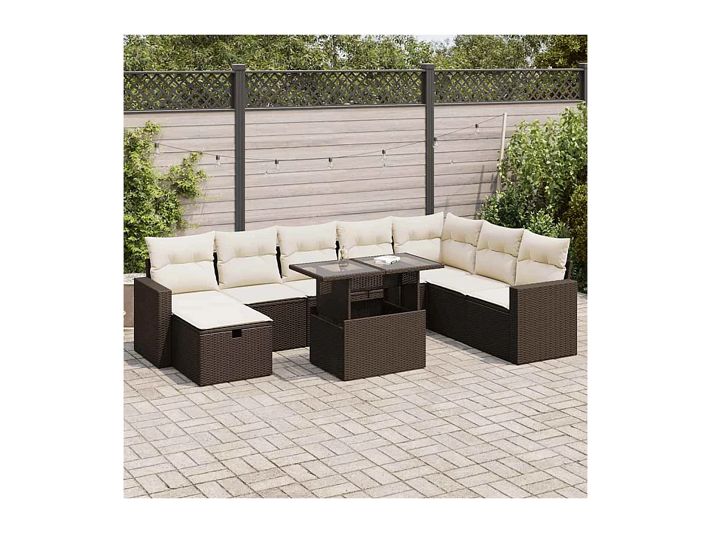 Salon de jardin avec coussins 9 pcs marron résine tressée