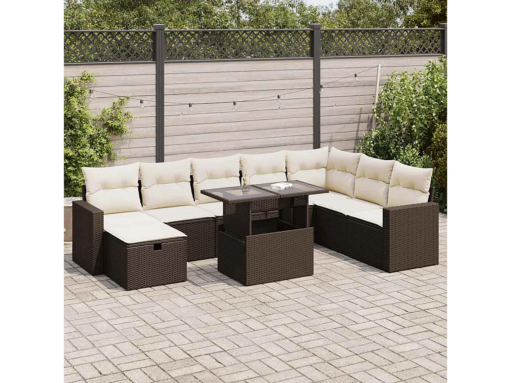 Set mobili da giardino con cuscini 9 pezzi in vimini marrone resina