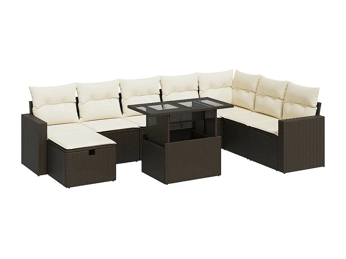Set mobili da giardino con cuscini 9 pezzi in vimini marrone resina