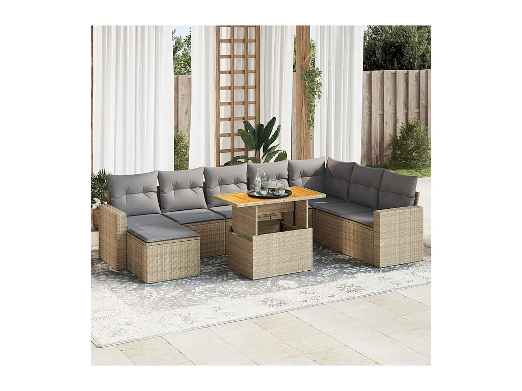 Salon de jardin avec coussins 9 pcs beige résine tressée