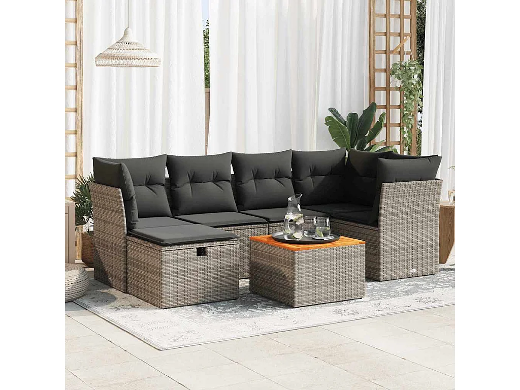 Conjunto de muebles de jardín con cojines 7 piezas resina tejida gris