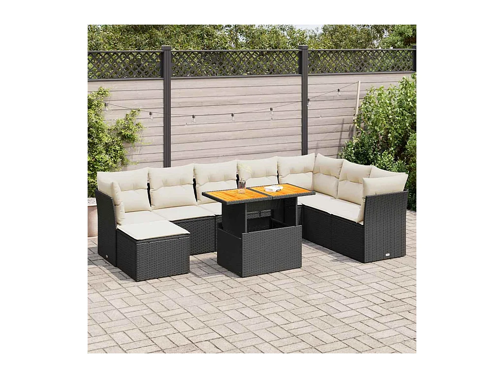 Salon de jardin 9 pcs avec coussins noir résine tressée