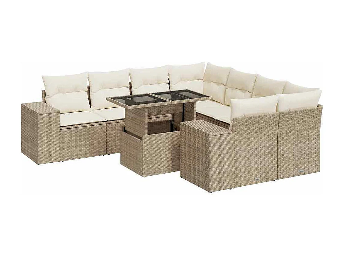 Salon de jardin avec coussins 9 pcs beige résine tressée