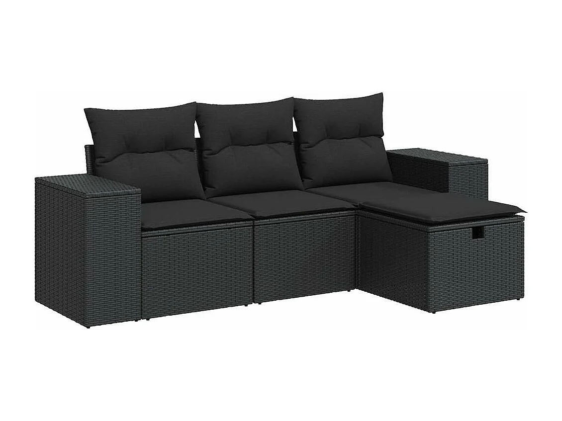 Set di mobili da giardino 4 pezzi con cuscini neri in resina intrecciata