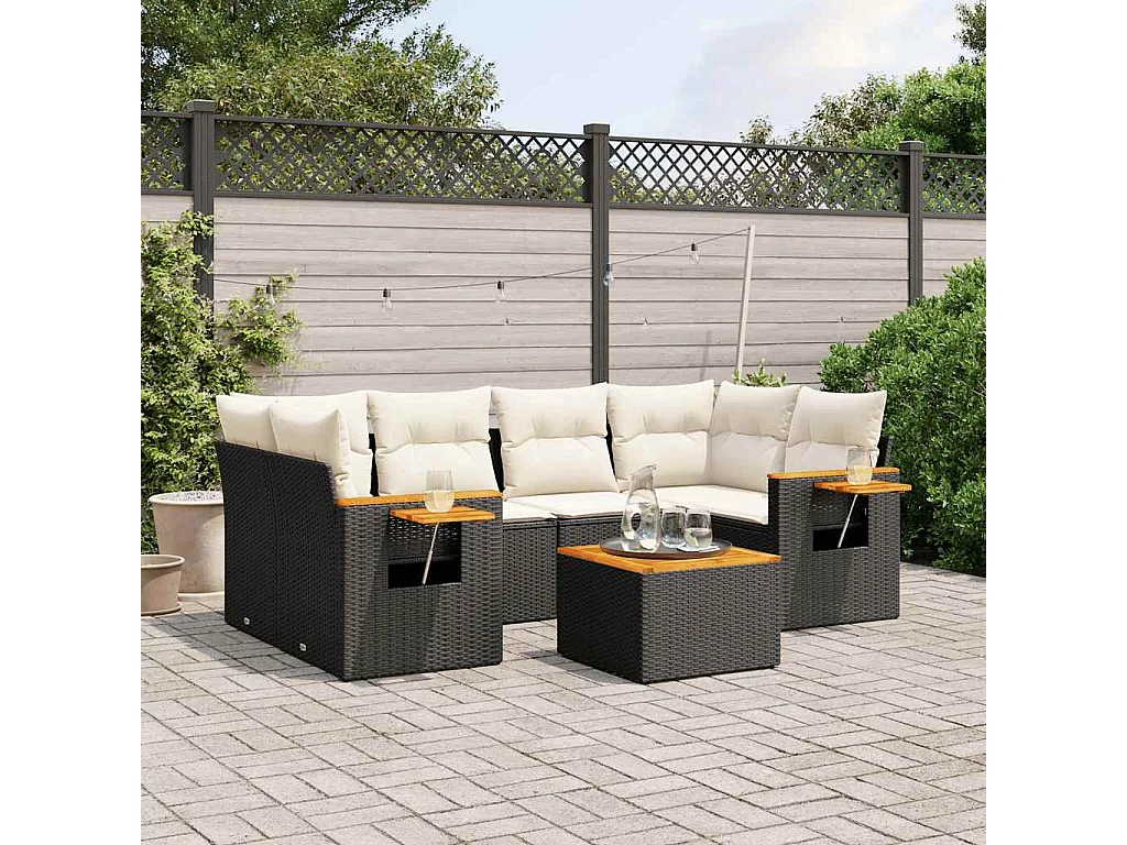 Salon de jardin 7 pcs avec coussins noir résine tressée