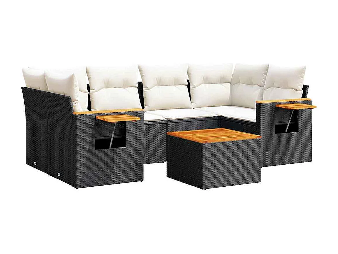 Salon de jardin 7 pcs avec coussins noir résine tressée