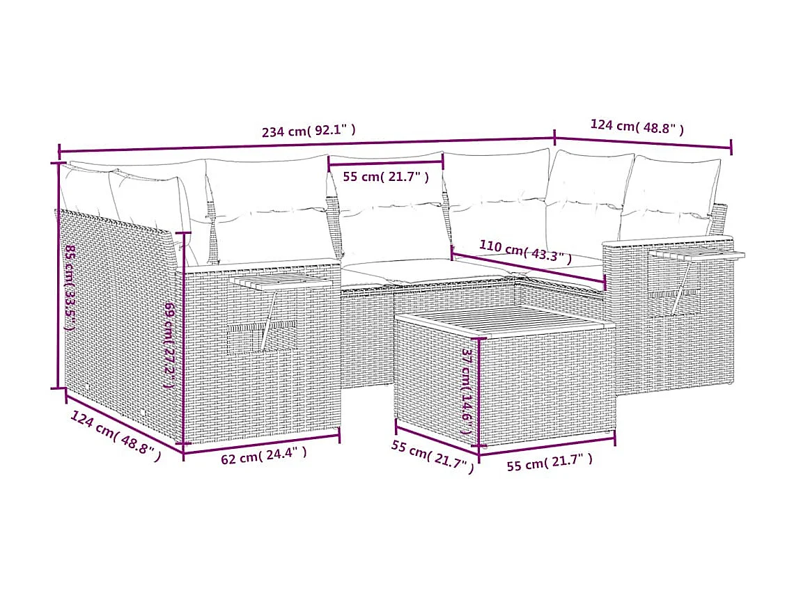 Salon de jardin 7 pcs avec coussins noir résine tressée